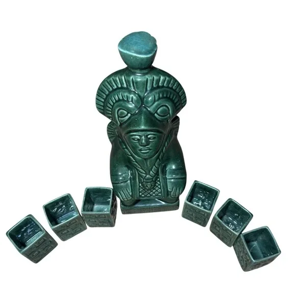 Vtg Kahlua Mayan Aztec Warrior Decanter Green 6 Shot Glass Set MCM Barware Rare - Picture 5 of 16